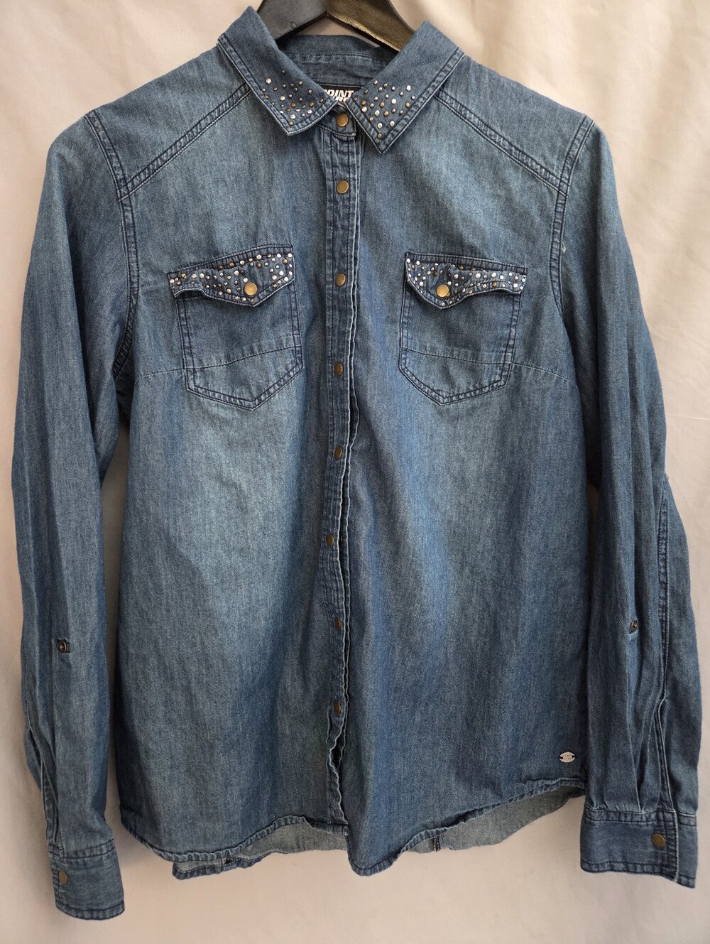 Stud-Accent Denim Button-Up Shirt - Blue